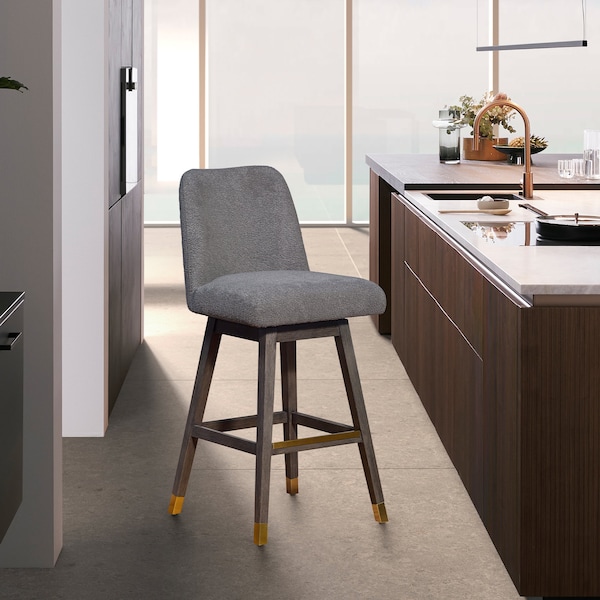 Armen Living Amalie Swivel Bar Stool in Gray Oak Wood Finish with Gray Boucle Fabric - 840254332027
