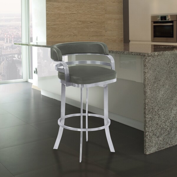 Armen Living Prinz 30" Bar Height Swivel Gray Faux Leather and Brushed Stainless Steel Bar Stool - LCPRBAGRBS30