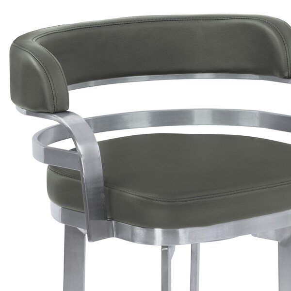 Armen Living Prinz 30" Bar Height Swivel Gray Faux Leather and Brushed Stainless Steel Bar Stool - LCPRBAGRBS30