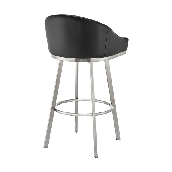 Armen Living Noran Swivel Bar Stool in Brushed Stainless Steel with Black Faux Leather - 840254335707