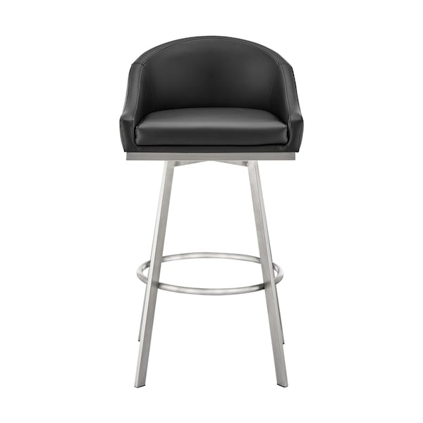 Armen Living Noran Swivel Bar Stool in Brushed Stainless Steel with Black Faux Leather - 840254335707
