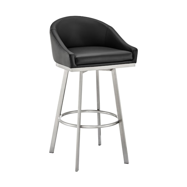 Armen Living Noran Swivel Bar Stool in Brushed Stainless Steel with Black Faux Leather - 840254335707