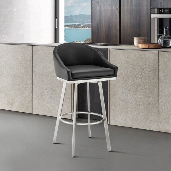 Armen Living Noran Swivel Bar Stool in Brushed Stainless Steel with Black Faux Leather - 840254335707