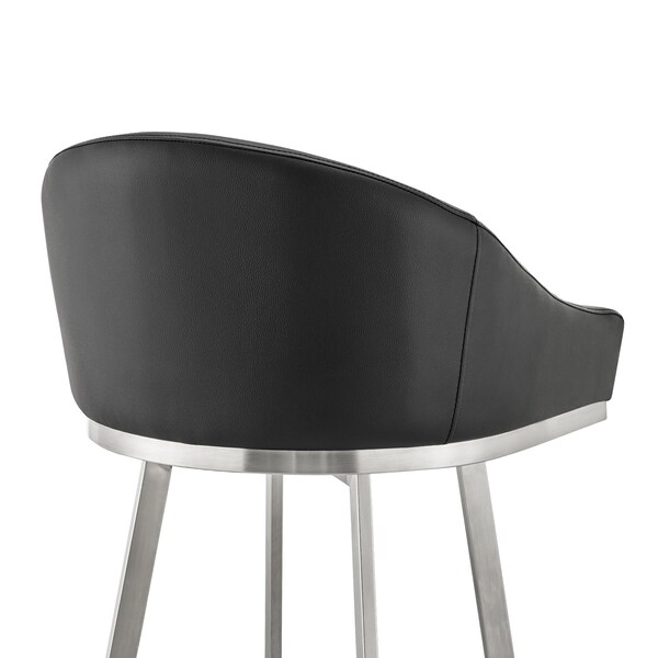 Armen Living Noran Swivel Bar Stool in Brushed Stainless Steel with Black Faux Leather - 840254335707