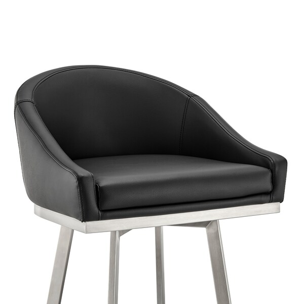 Armen Living Noran Swivel Bar Stool in Brushed Stainless Steel with Black Faux Leather - 840254335707