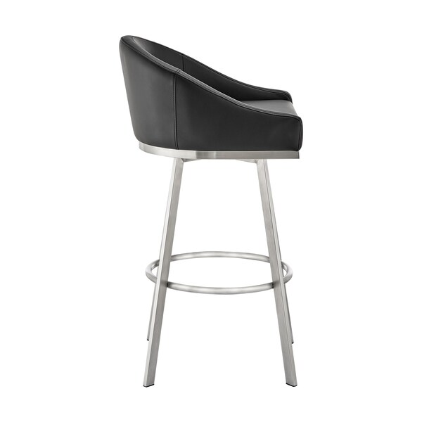 Armen Living Noran Swivel Bar Stool in Brushed Stainless Steel with Black Faux Leather - 840254335707