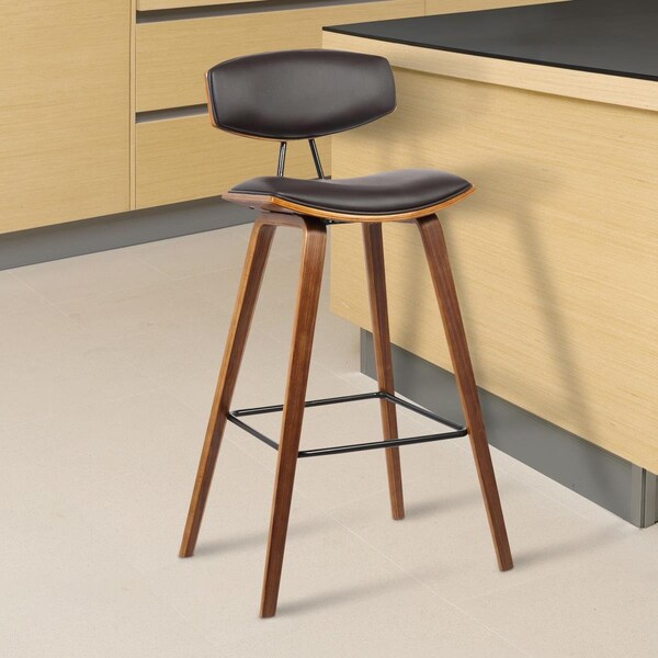 Seatsolutions Fox 30 in. Mid-Century Bar Height Barstool in Brown Faux Leather with Walnut Wood - SE727037