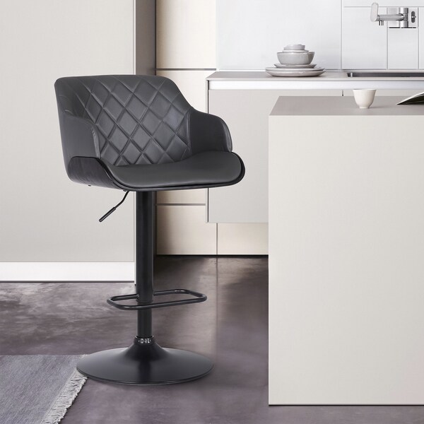 Armen Living Toby Gray Faux Leather Adjustable Height Swivel Black Wood and Metal Bar Stool - LCTOSWBABLGR