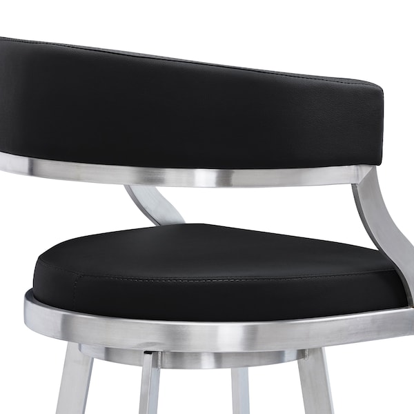 Armen Living Dione 30" Bar Height Swivel Black Faux Leather and Brushed Stainless Steel Bar Stool - 840254335141