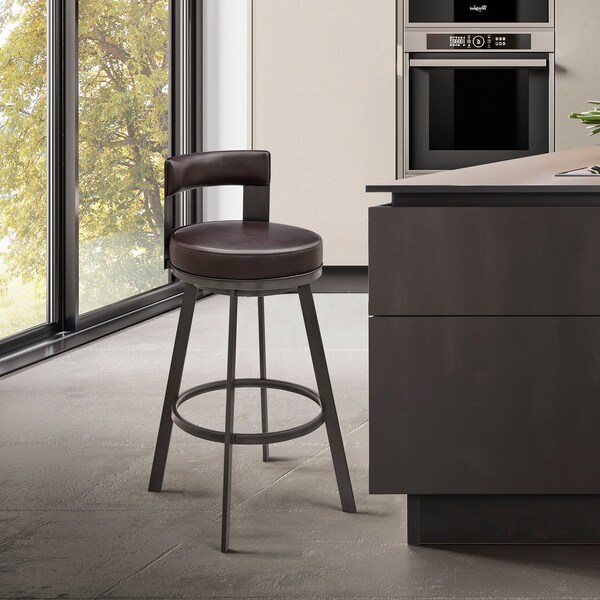 Armen Living Lynof Swivel Bar Stool in Brown Metal with Brown Faux Leather - 840254335509