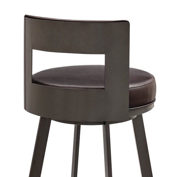 Armen Living Lynof Swivel Bar Stool in Brown Metal with Brown Faux Leather - 840254335509