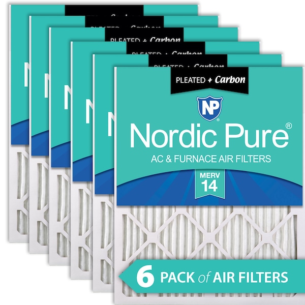 Nordic Pure 16x25x1 Plus Carbon Pleated Air Filter, High Capacity, MERV 14, 6 PK - 16X25X1M14+C-6