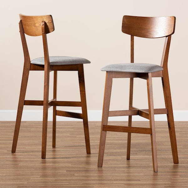 Baxton Studio Cameron Modern Grey Fabric and Walnut Brown Finished Wood 2-PC Bar Stool Set - 176-11016-ZORO