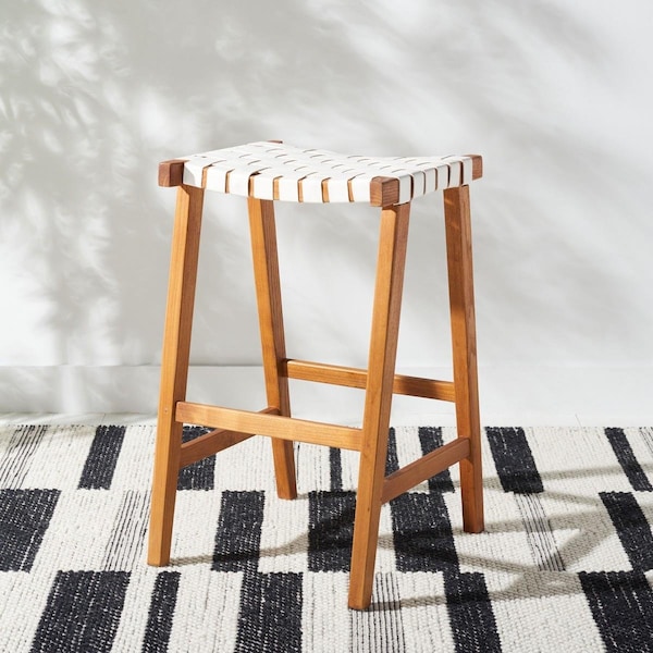 Safavieh 20 x 18.5 x 30 in. Abreu Rectangle Barstool with White Leather & Natural Wood - BST1012D