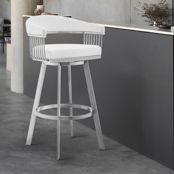 Armen Living Chelsea 29" Swivel Bar Stool with Brushed Stainless Steel and White Faux Leather - LCCSBABSWH30