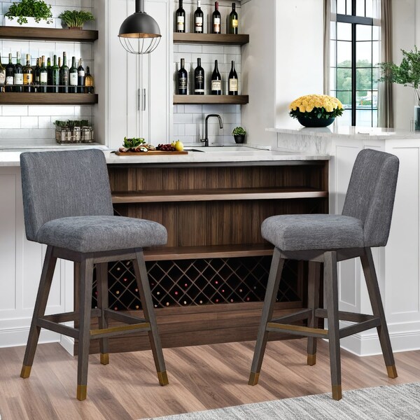 Armen Living Basila Swivel Bar Stool in Gray Oak Wood Finish with Gray Fabric - 840254332249
