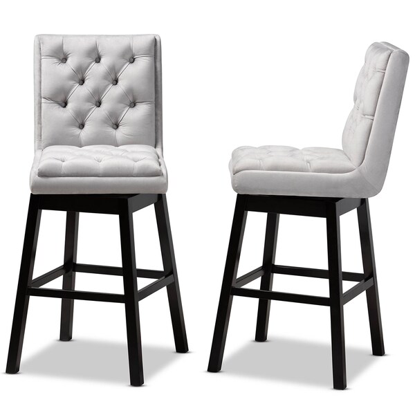Baxton Studio Gregory Light Grey Velvet and Brown Wood 2-Piece Swivel Bar Stool Set - 164-10289