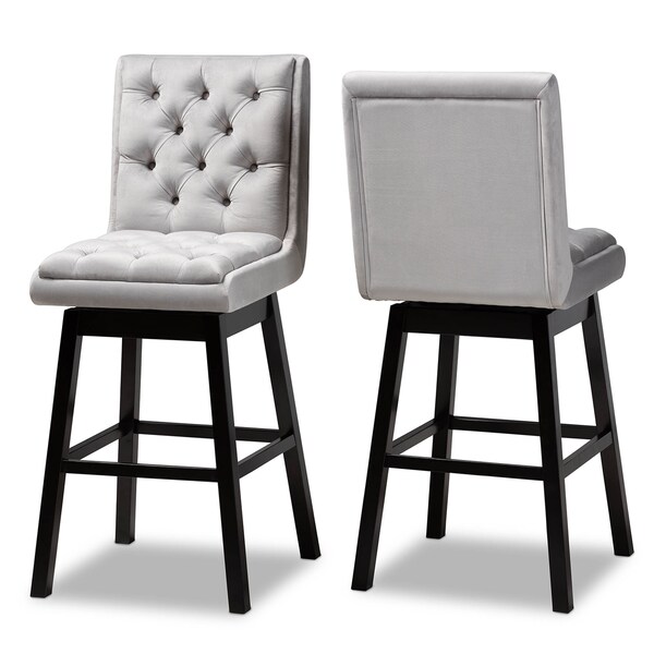 Baxton Studio Gregory Light Grey Velvet and Brown Wood 2-Piece Swivel Bar Stool Set - 164-10289