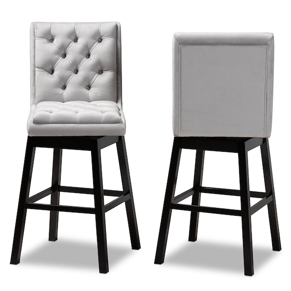 Baxton Studio Gregory Light Grey Velvet and Brown Wood 2-Piece Swivel Bar Stool Set - 164-10289