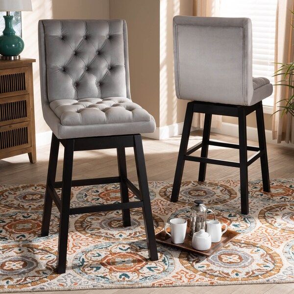 Baxton Studio Gregory Light Grey Velvet and Brown Wood 2-Piece Swivel Bar Stool Set - 164-10289