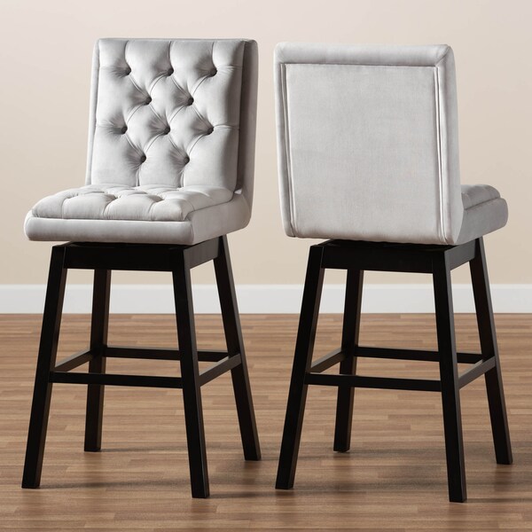 Baxton Studio Gregory Light Grey Velvet and Brown Wood 2-Piece Swivel Bar Stool Set - 164-10289