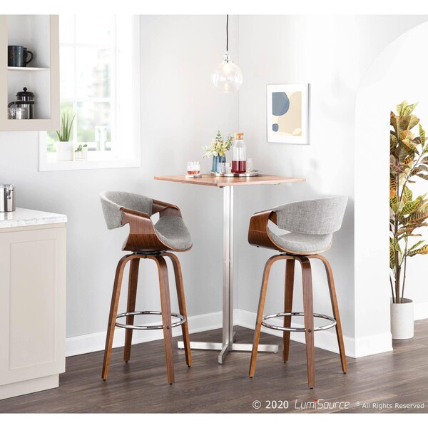 Lumisource Curvini Barstool in Walnut Wood and Grey Fabric, PK 2 - B30-CRVNIR WLGY2