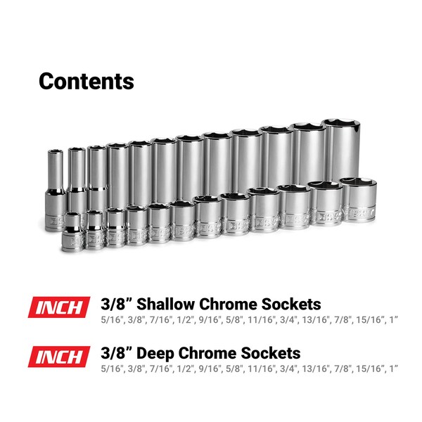 Capri Tools 38 Drive Shallow and Deep Chrome Socket Set, 6Point, 516 to 1, 24Pcs - CP12320-24SSD