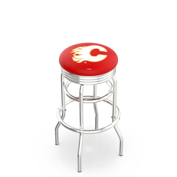 Holland Bar Stool Co 25" Chrome 2-Ring Calgary Flames Swivel Bar Stool, Accent Ring - L7C3C25CALFLA