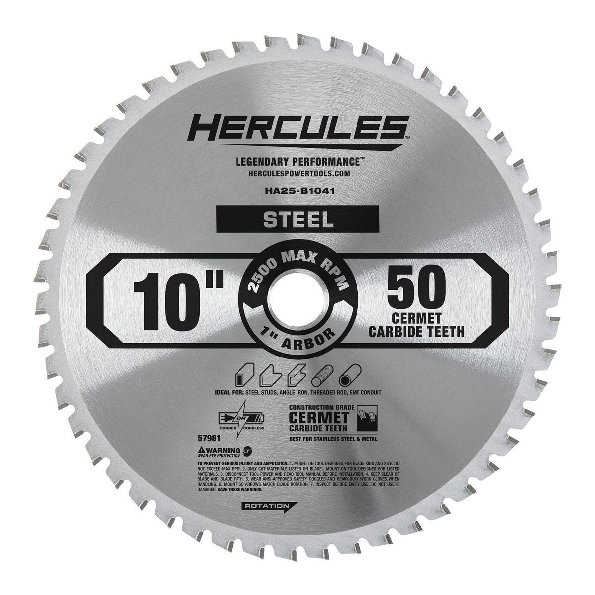 Hércules 10 pulgadas, 50 dientes Hoja de sierra circular de corte de acero - 57981