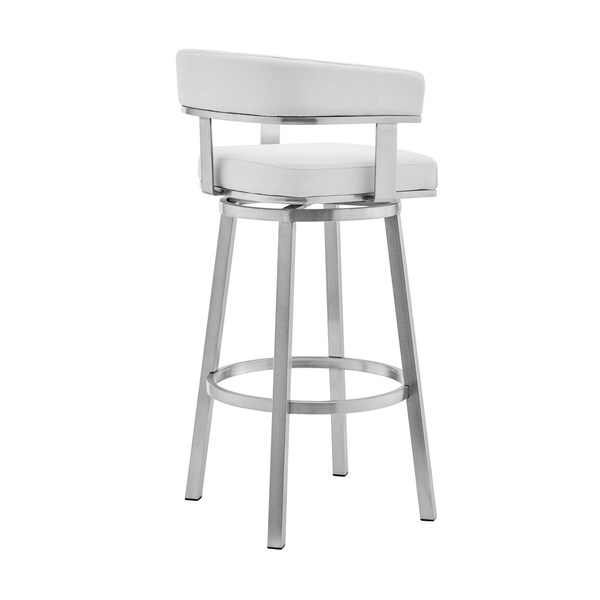 Armen Living Lorin 26" White Faux Leather and Brushed Stainless Steel Swivel Bar Stool - LCLRBABSWH26