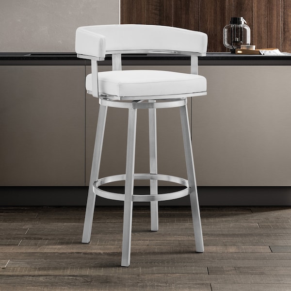 Armen Living Lorin 26" White Faux Leather and Brushed Stainless Steel Swivel Bar Stool - LCLRBABSWH26
