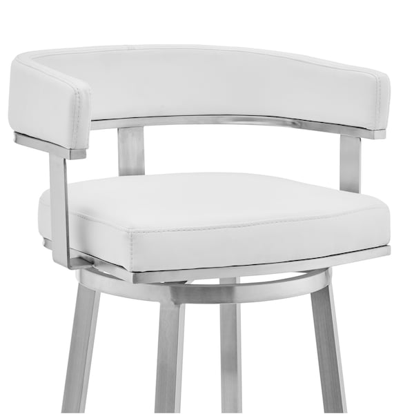 Armen Living Lorin 26" White Faux Leather and Brushed Stainless Steel Swivel Bar Stool - LCLRBABSWH26