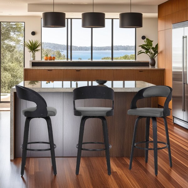 Armen Living Shelly 30" Bar Height Swivel Gray Faux Leather and Black Wood Bar Stool - LCSHBAGRBL30
