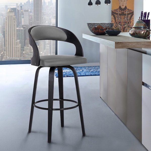 Armen Living Shelly 30" Bar Height Swivel Gray Faux Leather and Black Wood Bar Stool - LCSHBAGRBL30