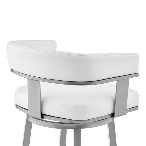 Armen Living Cohen 30" Bar Height Swivel Bar Stool in Silver Finish with White Faux Leather - 721535761999