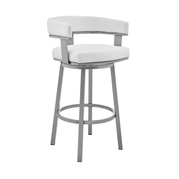 Armen Living Cohen 30" Bar Height Swivel Bar Stool in Silver Finish with White Faux Leather - 721535761999