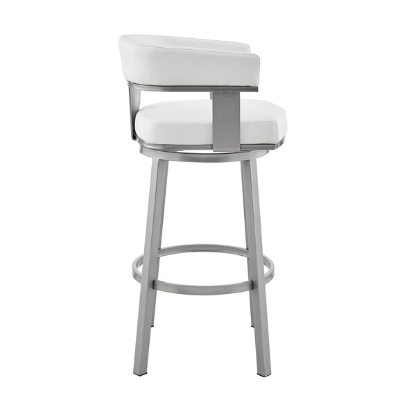 Armen Living Cohen 30" Bar Height Swivel Bar Stool in Silver Finish with White Faux Leather - 721535761999