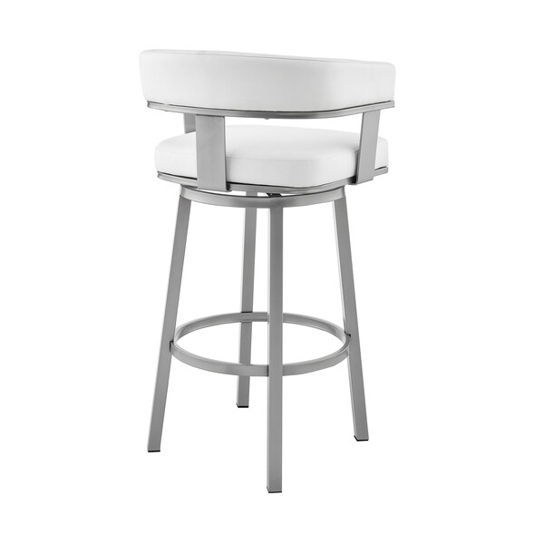 Armen Living Cohen 30" Bar Height Swivel Bar Stool in Silver Finish with White Faux Leather - 721535761999