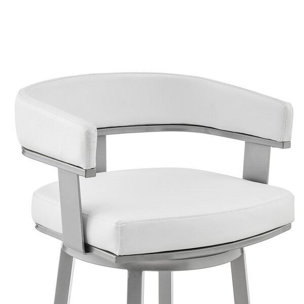 Armen Living Cohen 30" Bar Height Swivel Bar Stool in Silver Finish with White Faux Leather - 721535761999