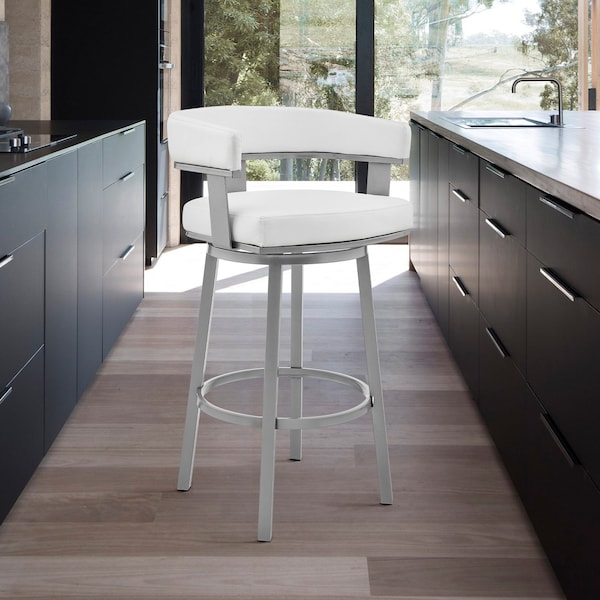 Armen Living Cohen 30" Bar Height Swivel Bar Stool in Silver Finish with White Faux Leather - 721535761999