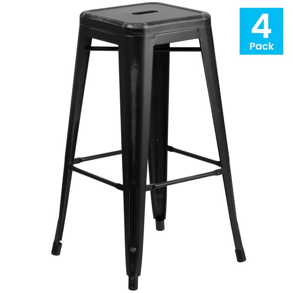 Flash Furniture 4PK 30"H Backless Distressed Black Metal Barstool - 4-ET-BT3503-30-BK-GG