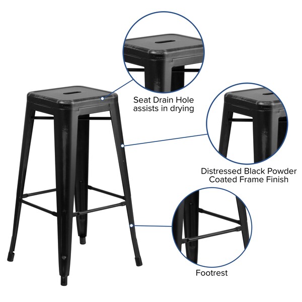 Flash Furniture 4PK 30"H Backless Distressed Black Metal Barstool - 4-ET-BT3503-30-BK-GG