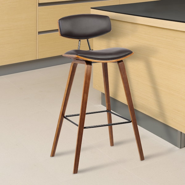 Armen Living Fox 28.5" Bar Height Brown Faux Leather and Walnut Wood Mid-Century Modern Bar Stool - LCFOBAWABR30