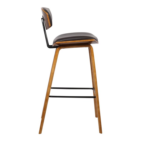 Armen Living Fox 28.5" Bar Height Brown Faux Leather and Walnut Wood Mid-Century Modern Bar Stool - LCFOBAWABR30