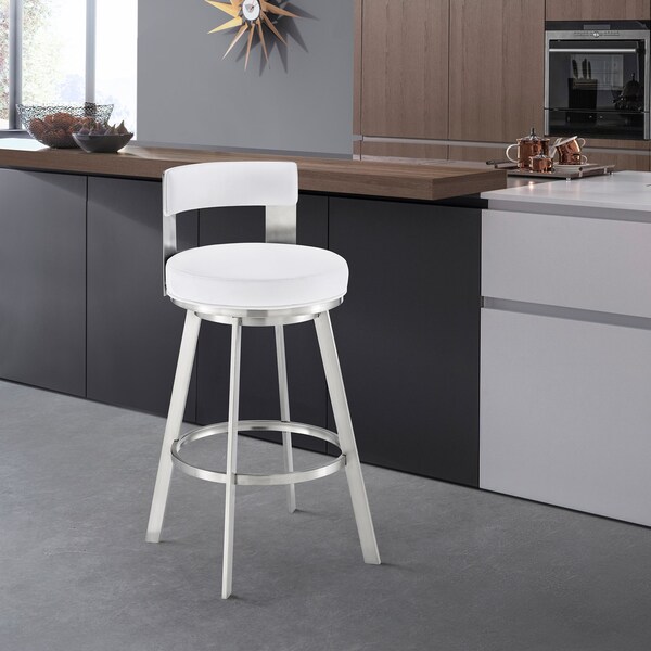 Armen Living Flynn 30in Swivel Bar Stool in Brushed Stainless Steel with White Faux Leather - LCFLBABSWHI30