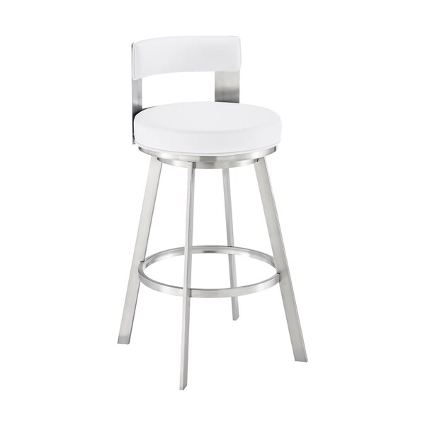 Armen Living Flynn 30in Swivel Bar Stool in Brushed Stainless Steel with White Faux Leather - LCFLBABSWHI30