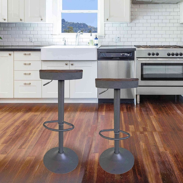 Amerihome Round Adjustable Height Bar Stools with Wood Seat - Espresso Stain - BSWTSWBN