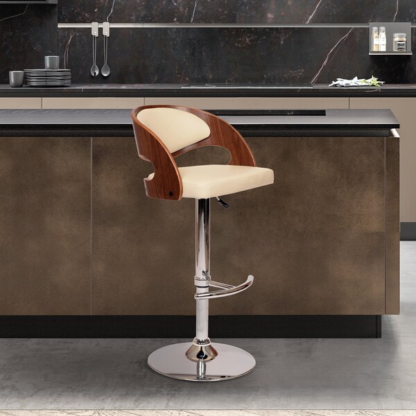 Armen Living Malibu Swivel Barstool In Cream PU/ Walnut Veneer and Chrome Base - LCMASWBACRWA