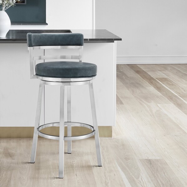Armen Living Madrid 30" Bar Height Swivel Blue Faux Leather and Brushed Stainless Steel Bar Stool - LCMABABSBLU30