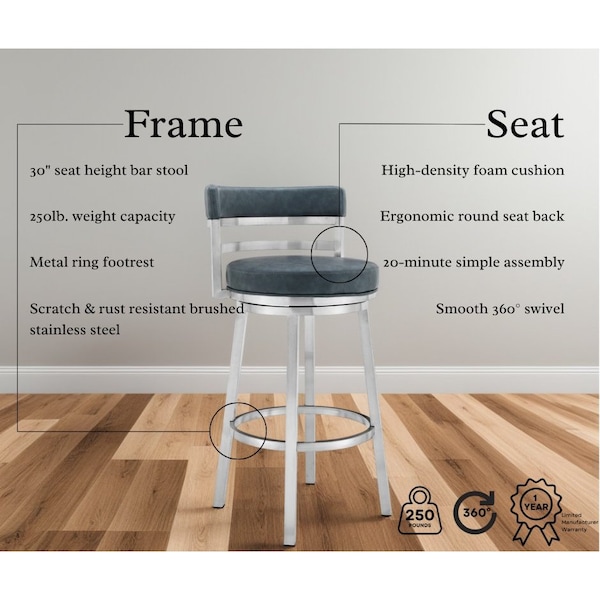 Armen Living Madrid 30" Bar Height Swivel Blue Faux Leather and Brushed Stainless Steel Bar Stool - LCMABABSBLU30
